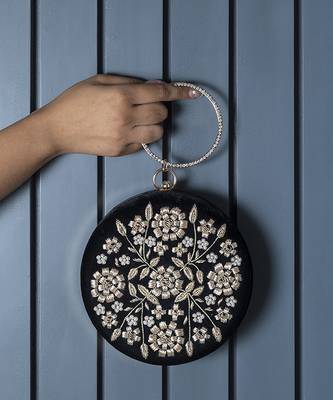Black hand embroidered silk clutch 1