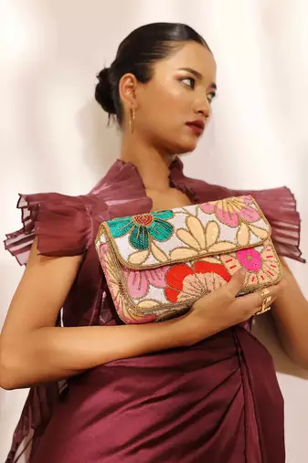 Multicolor suede daisy floral bag with handle