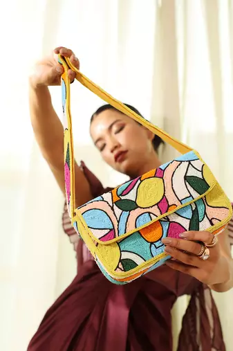 multicolor poppy suede baguette bag with handle