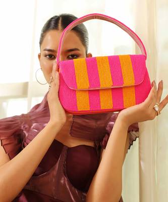 Orange pink stripe suede baguette bag with handle 1