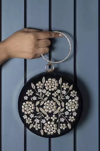 Black hand embroidered silk clutch