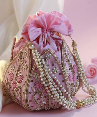Pink silk hand embroidered mini lotus potli 1