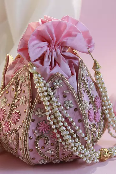 Pink silk hand embroidered mini lotus potli