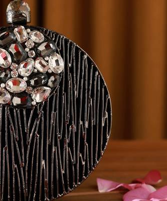 Black round embellished brass clutch 4