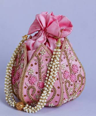 Pink silk hand embroidered mini lotus potli 2