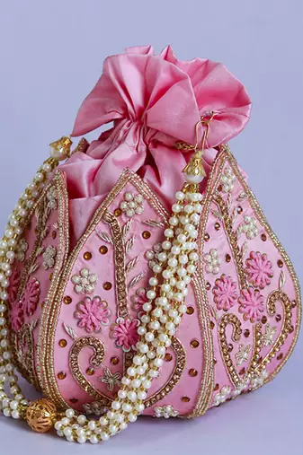 Pink silk hand embroidered mini lotus potli