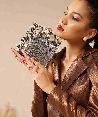 Black beaded embellished brass clutch 2