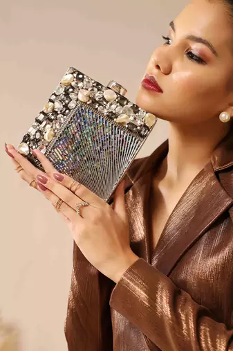 Black beaded embellished brass clutch