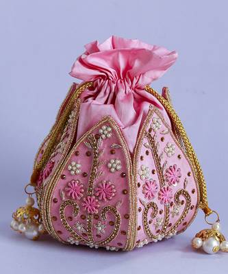 Pink silk hand embroidered mini lotus potli 3