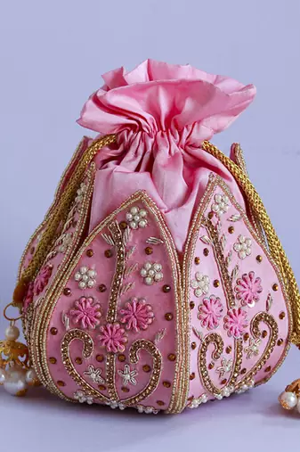 Pink silk hand embroidered mini lotus potli