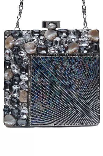 Black beaded embellished brass clutch