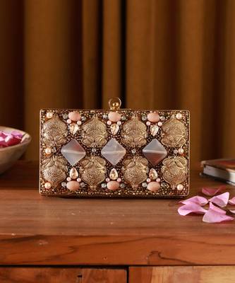 Gold embellished brass clutch with bead work 1