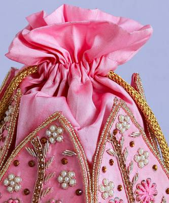 Pink silk hand embroidered mini lotus potli 4