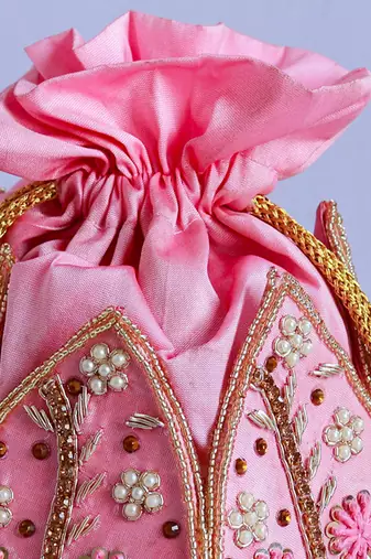 Pink silk hand embroidered mini lotus potli