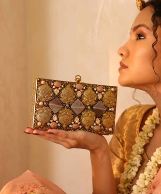 Gold embellished brass clutch with bead work 2