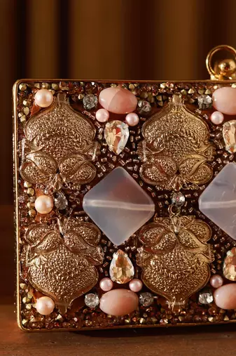Gold embellished brass clutch with bead work