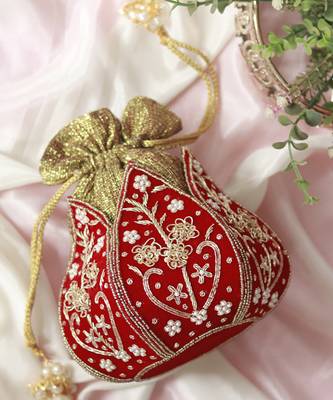 Red silk zardozi embroidered mini lotus potli 1