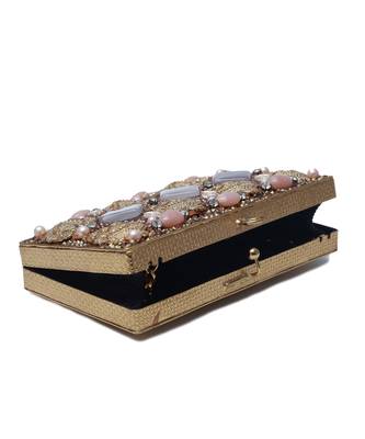 Gold embellished brass clutch with bead work 5