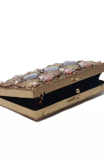 Gold embellished brass clutch with bead work