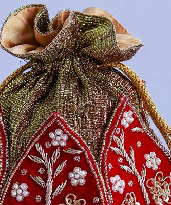 Red silk zardozi embroidered mini lotus potli 2