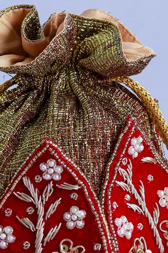 Red silk zardozi embroidered mini lotus potli