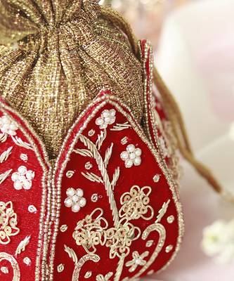 Red silk zardozi embroidered mini lotus potli 3
