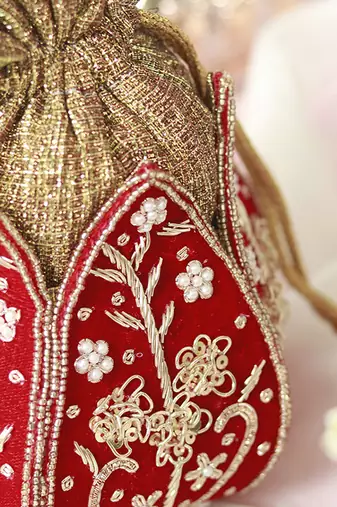 Red silk zardozi embroidered mini lotus potli