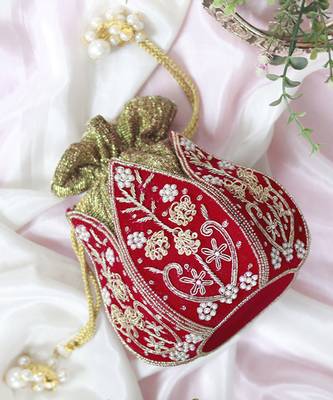 Red silk zardozi embroidered mini lotus potli 4