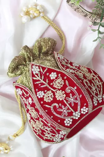 Red silk zardozi embroidered mini lotus potli