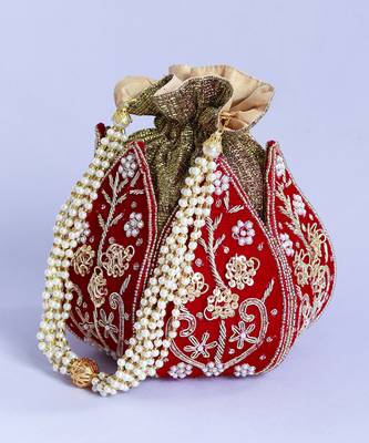Red silk zardozi embroidered mini lotus potli 5