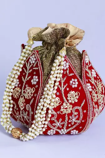 Red silk zardozi embroidered mini lotus potli