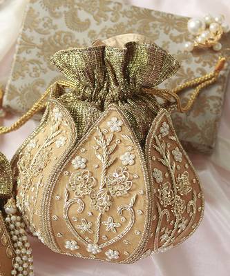 Gold silk zardozi embroidered mini lotus potli 1