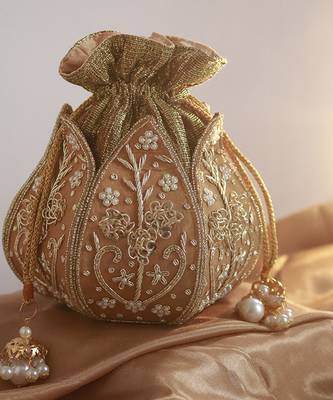 Gold silk zardozi embroidered mini lotus potli 2