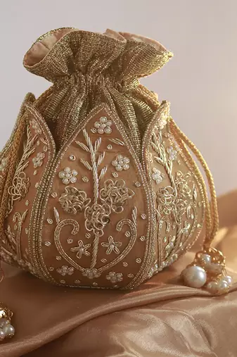 Gold silk zardozi embroidered mini lotus potli