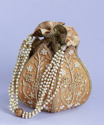 Gold silk zardozi embroidered mini lotus potli 4