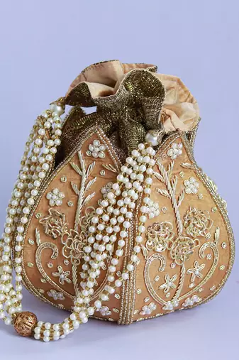 Gold silk zardozi embroidered mini lotus potli