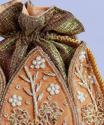 Gold silk zardozi embroidered mini lotus potli 5