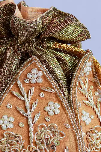 Gold silk zardozi embroidered mini lotus potli