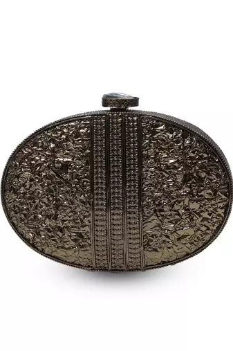 Gold embellished brass clutch with inticrate work