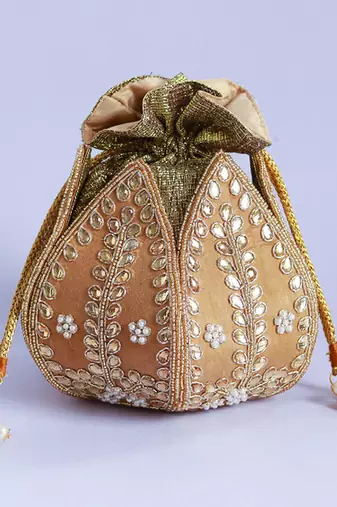 Gold silk kundan handwork mini lotus potli