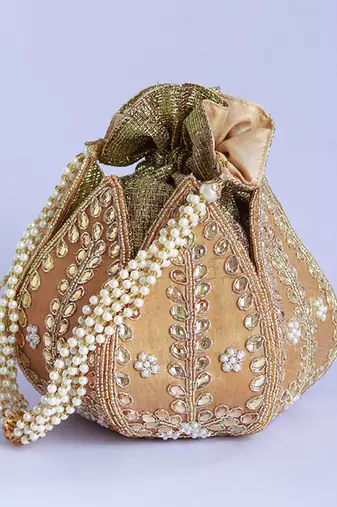 Gold silk kundan handwork mini lotus potli