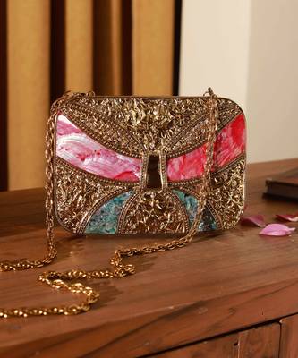 Handcrafted gold clutch with detachable chain 1