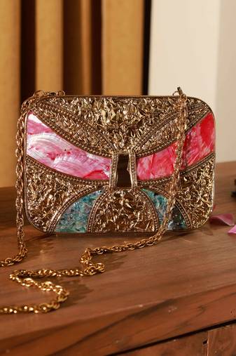 Handcrafted gold clutch with detachable chain