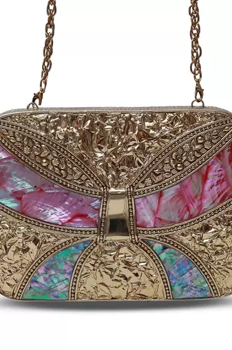 Handcrafted gold clutch with detachable chain