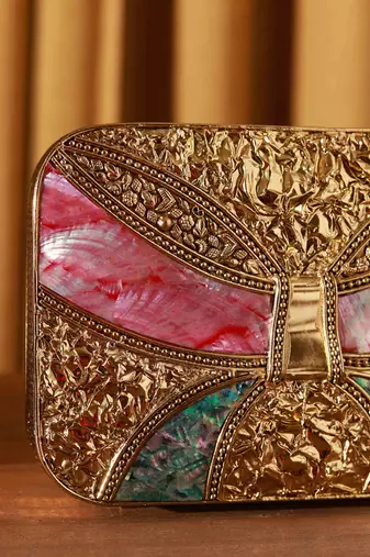 Handcrafted gold clutch with detachable chain