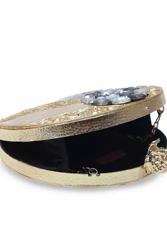 Gold round clutch with detachable chain
