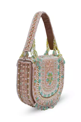 Peach suede flap over bag with handle