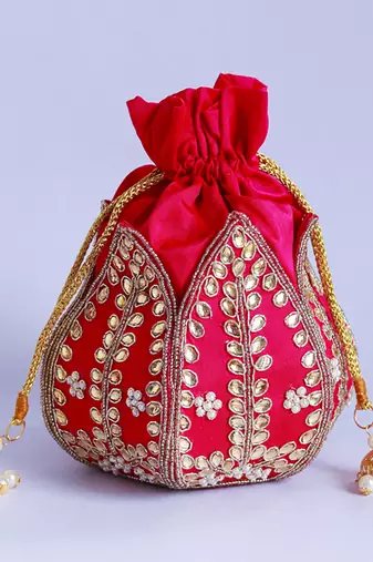 Pink silk kundan handwork mini lotus potli