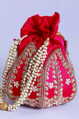 Pink silk kundan handwork mini lotus potli
