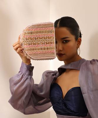 Pink suede flap over bag with handle 1